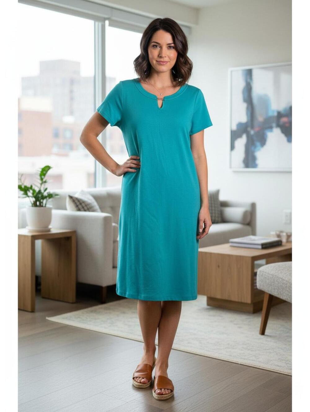Talbots Aqua Blue Short Sleeve Casual Dress with Decorative Neck Detail  XL